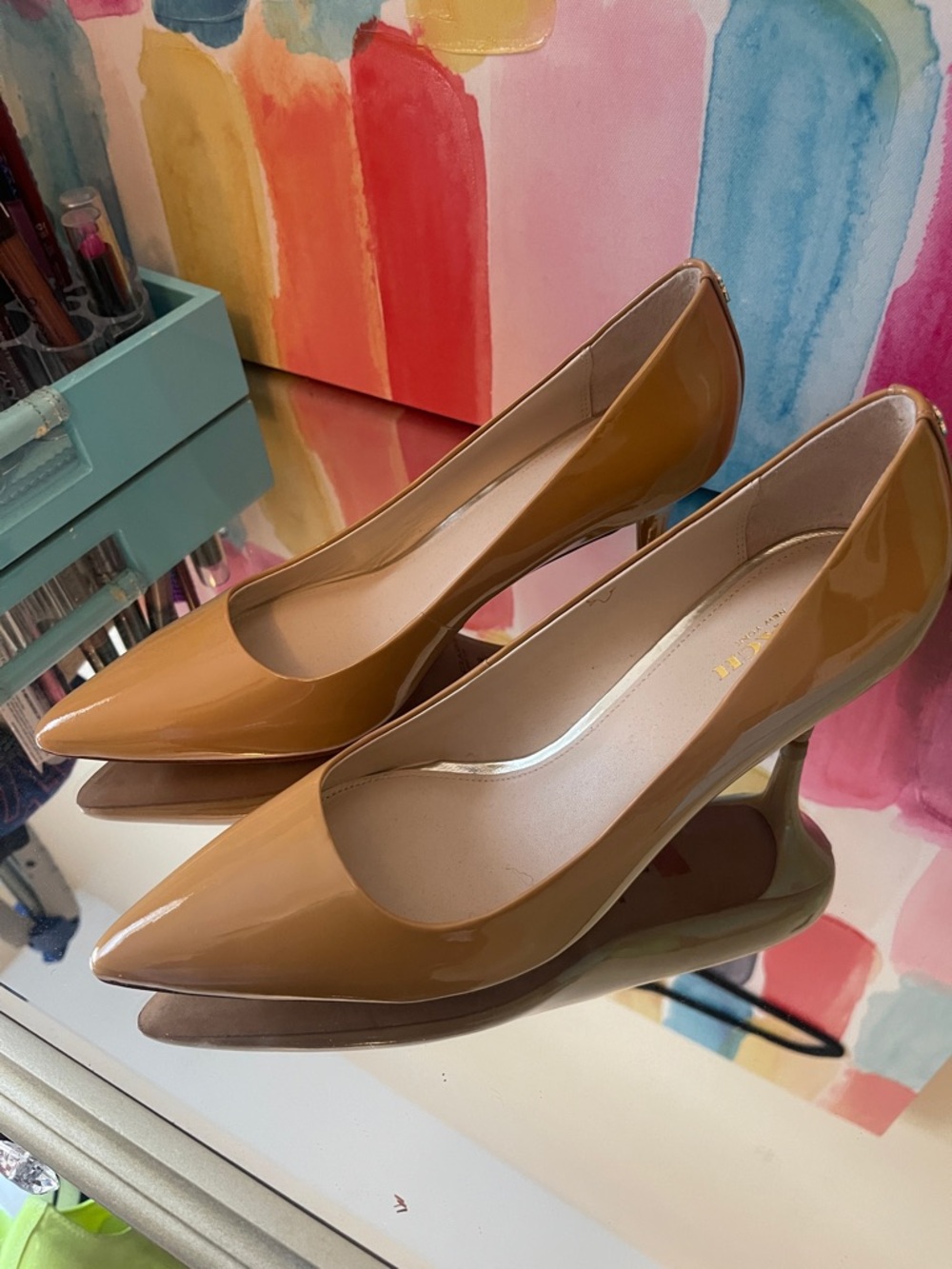 Coach Patent Pointed-Toe Pumps in Camel Brown
